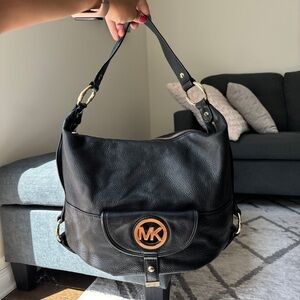 Michael Kors Soft Black Leather & Gold Logo Handbag Shoulder Bag